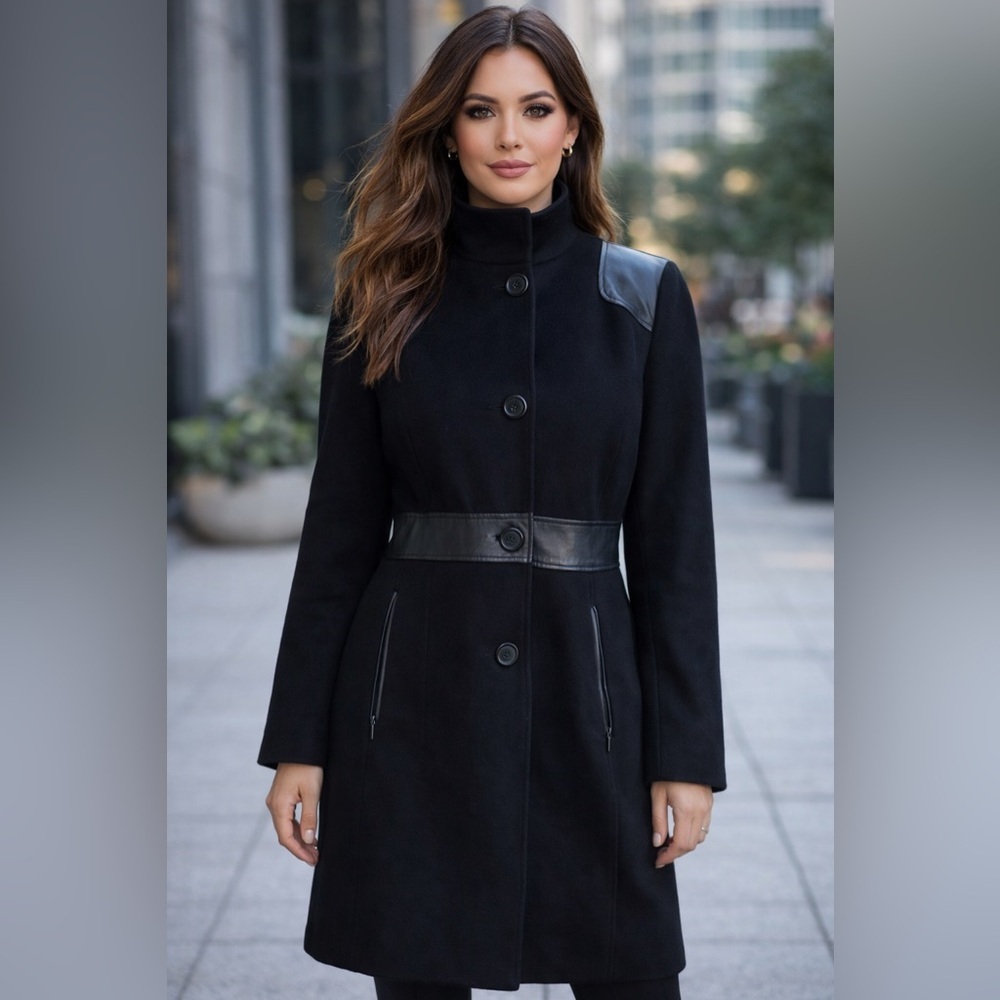 MICHAEL Michael Kors Wool Cashmere Leather Trim Coat Black Size 10